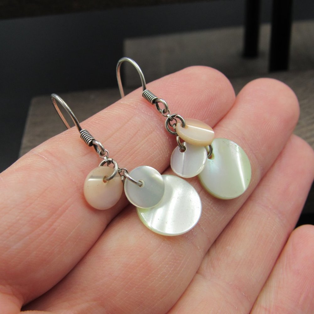 Sterling Silver Three Circle Shell Dangle Earrings - image 2